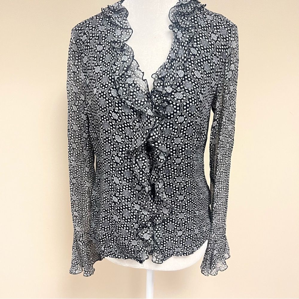 Kasper vintage silk Ruffle Black and White Women's Top. Sm